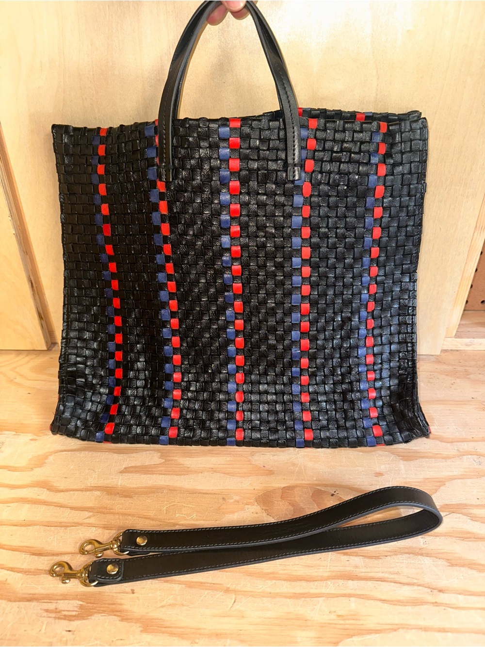 CLARE V. Woven Black Tote with Red and Navy Accent Stripes - Picture 2 of 12